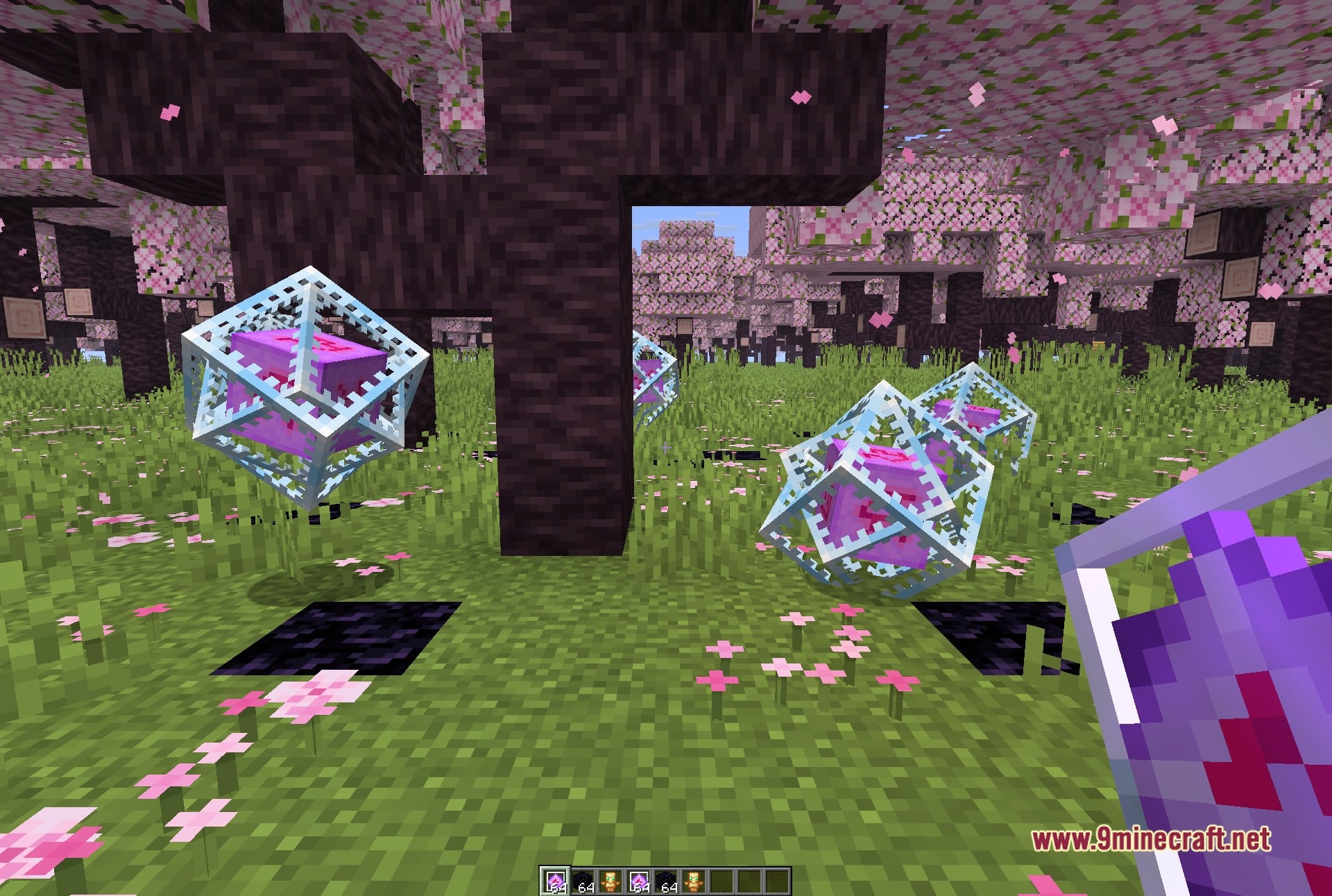 Mochi Client Mod (1.21.11) – Dominate Every Crystal Pvp Battle 3 First-person view in the cherry grove with end crystals placed around the player