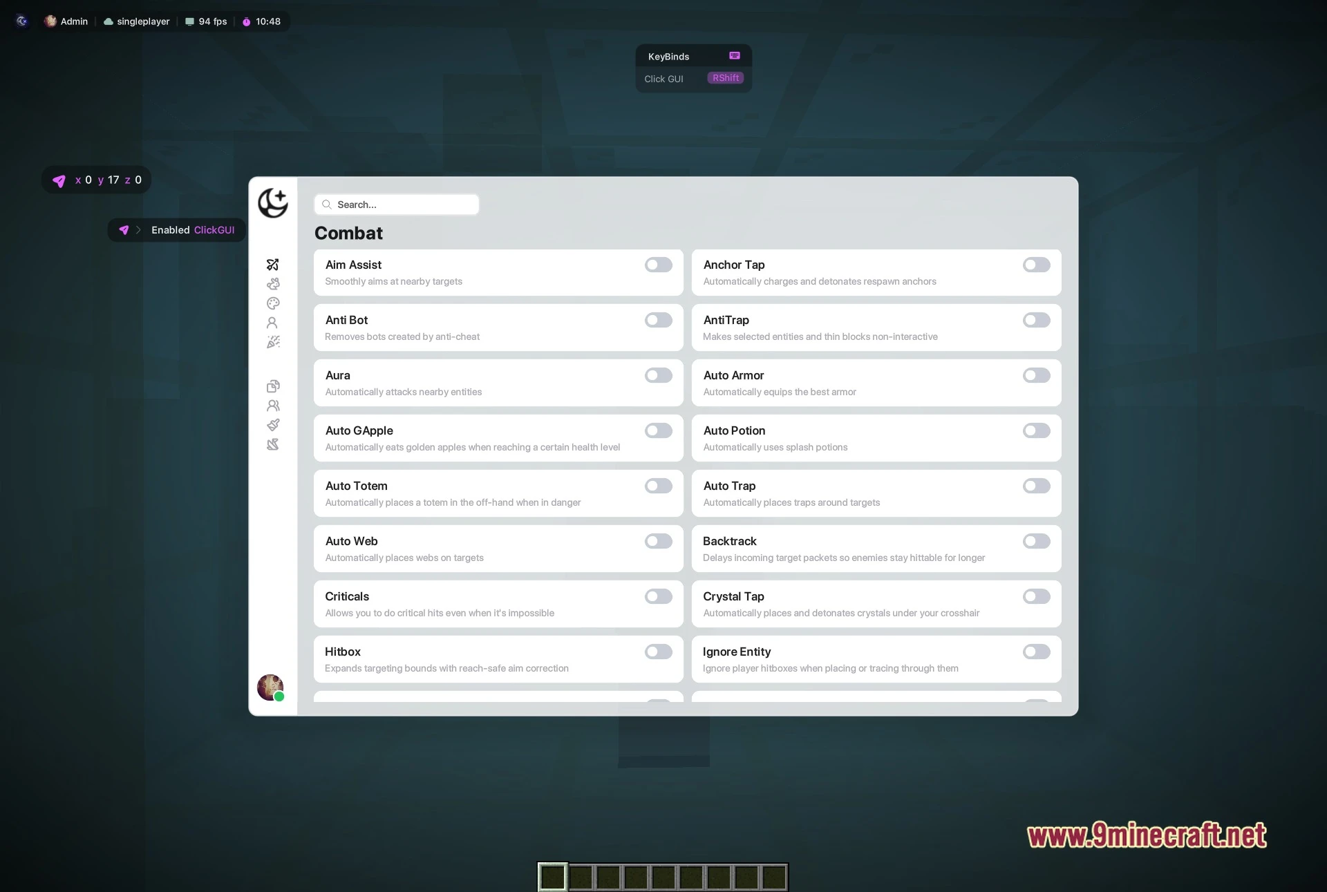 Moon Dlc Client Mod (1.21.4) – Dominate Crystal Fights On Anarchy Servers 2 Moon dlc clickgui opened in-game showing the combat category as a two column grid of module cards, each with its own description line and a toggle switch, next to the search bar and the category sidebar