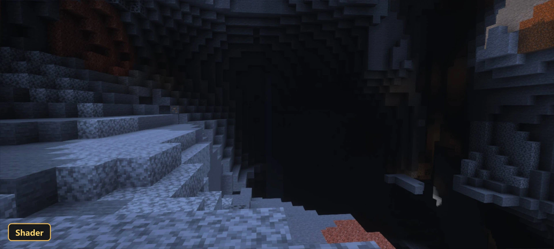 Deep cave with varied rock textures, dark depths, and exposed ore