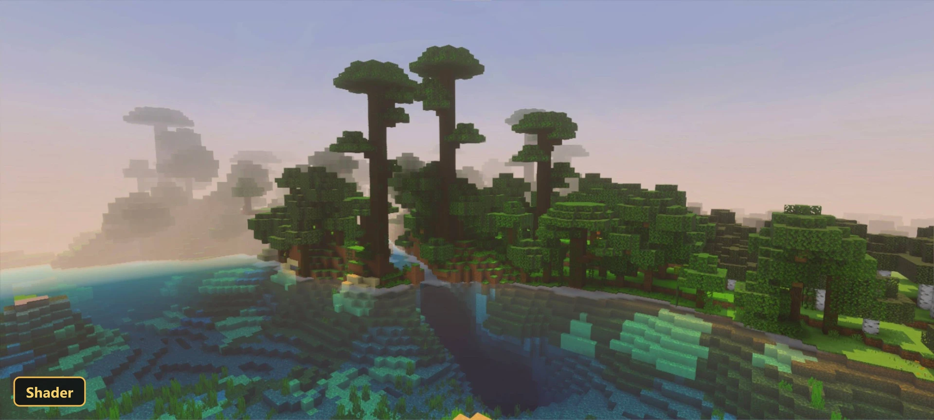 Tropical-looking trees on an island, clear water, and misty horizon