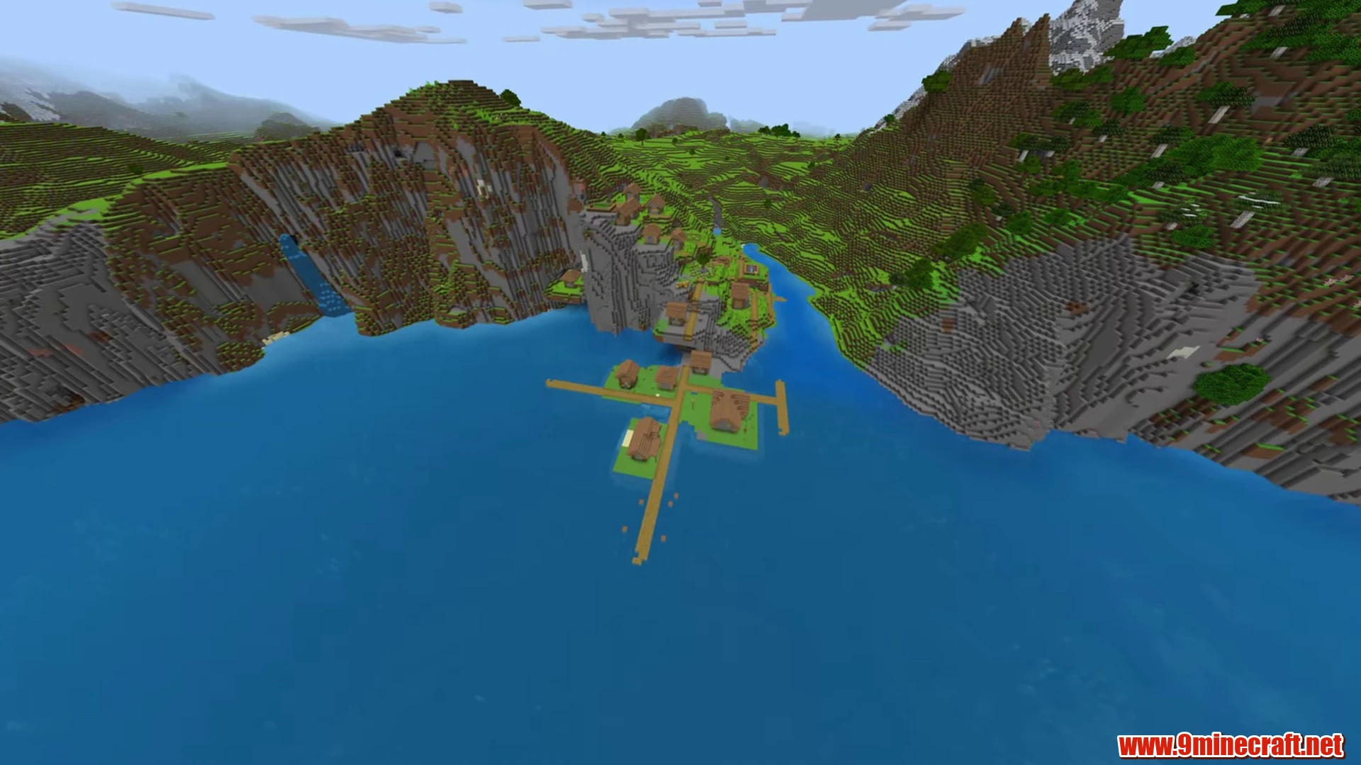 Alpine fjord coastal mountain village - minecraft seed -3258738310124896012