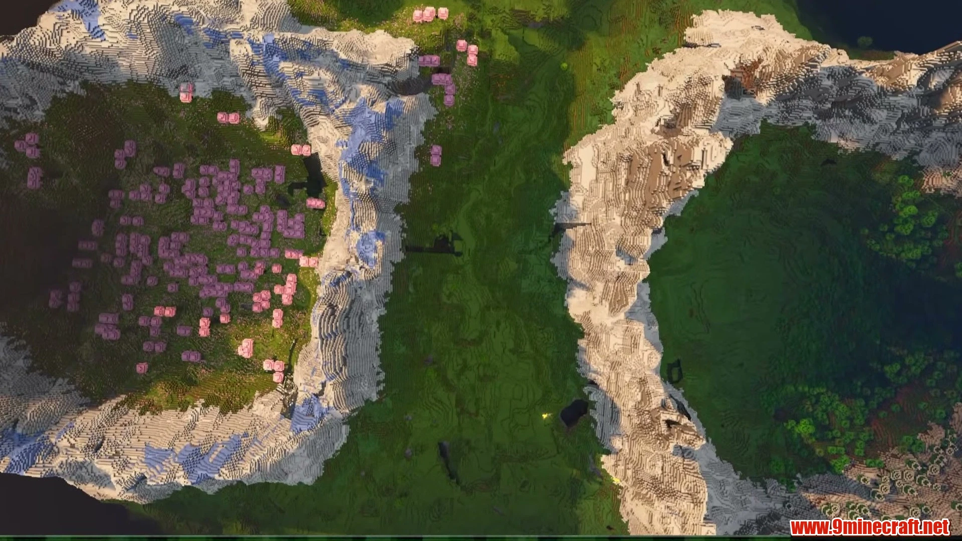 Top 10 Ultimate Building Canvas Seeds For Minecraft 26.2 – Java &Amp; Bedrock Edition 13 Cherry mountain rim & sheltered basin - minecraft seed -2098004362385192995